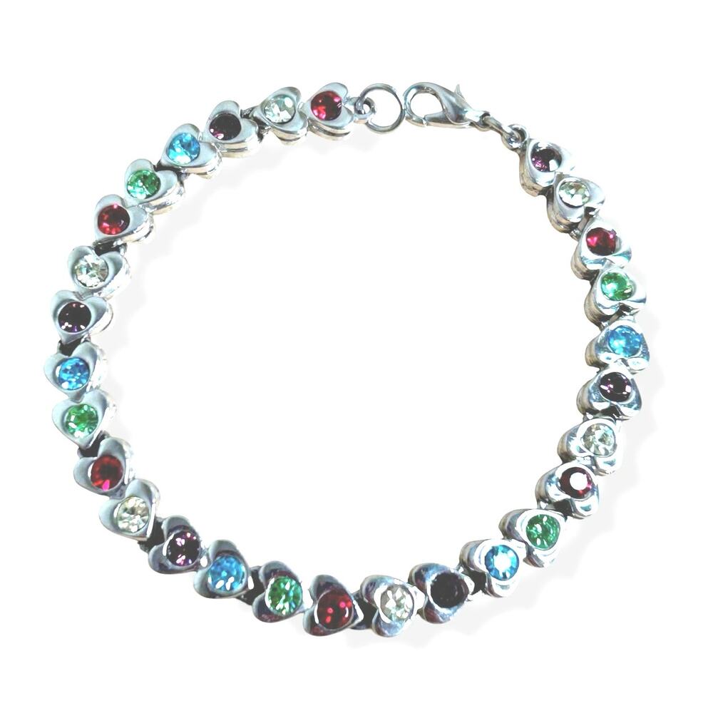 Silver Tone Rainbow Heart Crystal Tennis Bracelet Multi Color Rhinestones